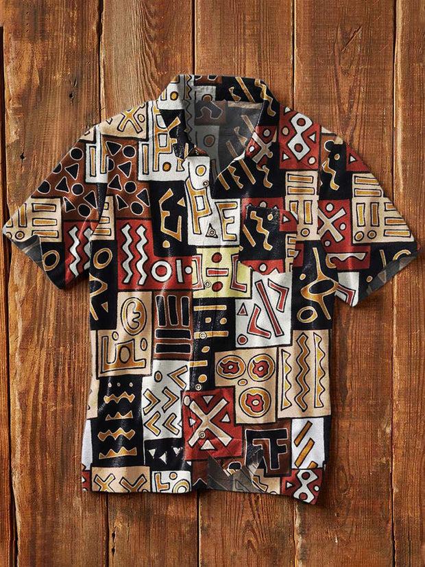 Men's Retro Tribal Ethnic Print Casual Short Sleeve Lapel Shirt