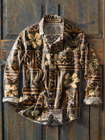 Men's Retro Ethnic Print Casual Lapel Long Sleeve Shirt
