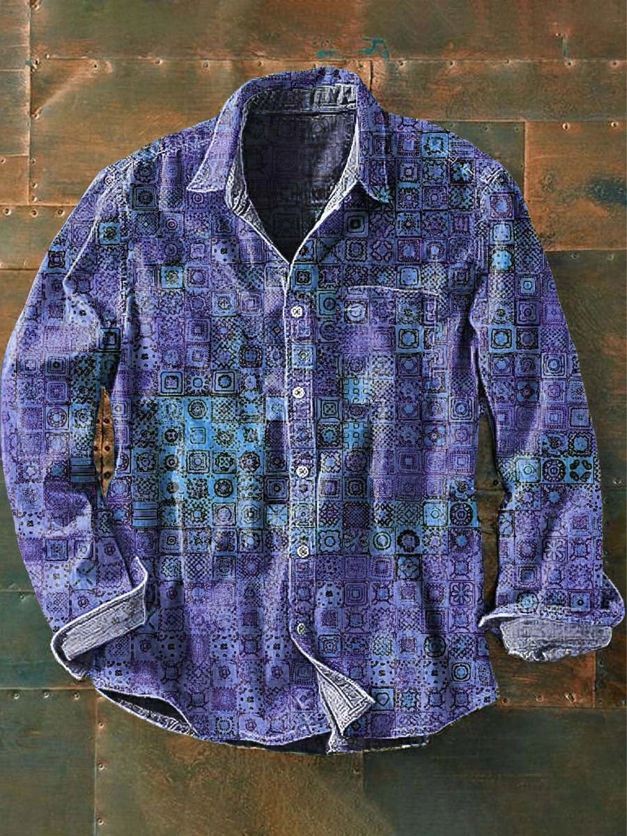 Men's Vintage Gradient Plaid Printed Casual Lapel Long Sleeve Shirt