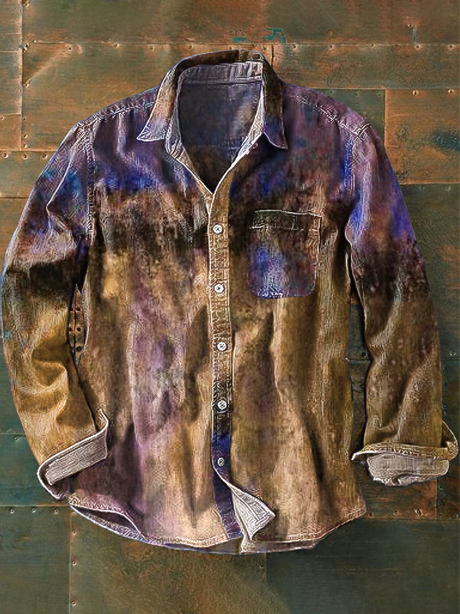 Unisex Vintage Gradient Denim Color Art Print Lapel Long Sleeve Pocket Shirt