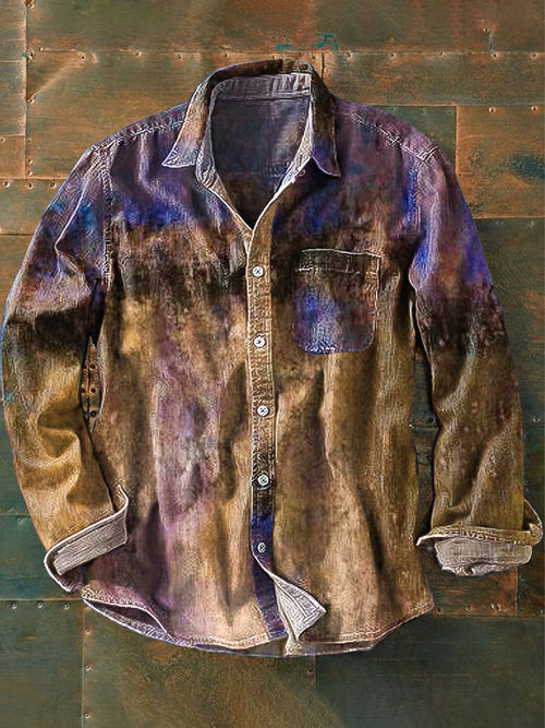 Unisex Vintage Gradient Color Art Print Lapel Long Sleeve Pocket Shirt