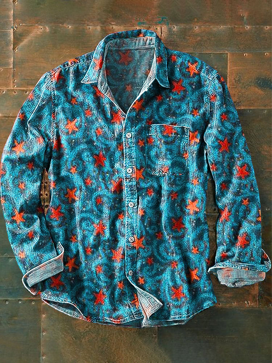 Unisex Vintage Sky Gold Stars Art Print Cotton Lapel Long Sleeve Pocket Shirt