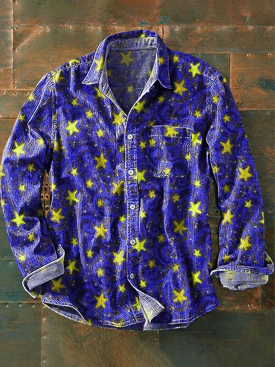 Unisex Vintage Sky Gold Stars Art Print Cotton Lapel Long Sleeve Pocket Shirt