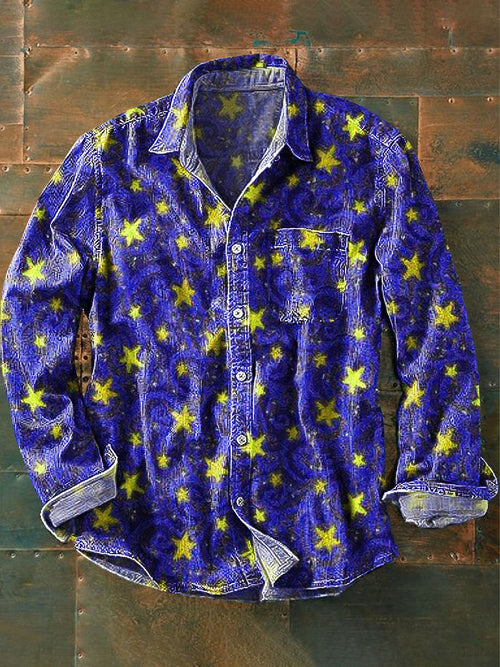 Unisex Vintage Sky Gold Stars Art Print Cotton Lapel Long Sleeve Pocket Shirt