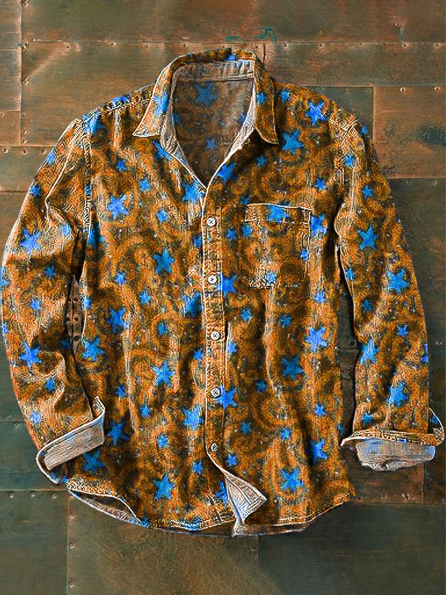 Unisex Vintage Sky Gold Stars Art Print Cotton Lapel Long Sleeve Pocket Shirt