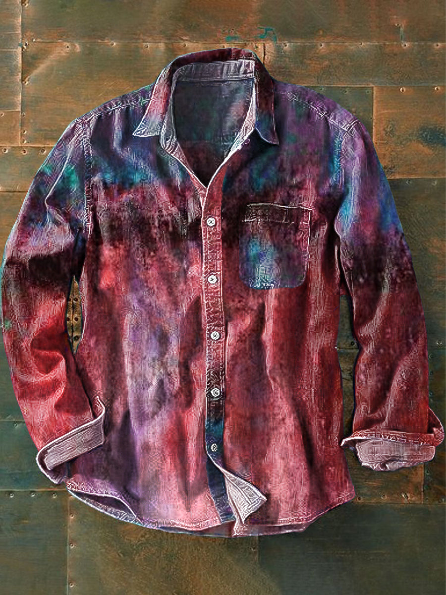 Unisex Vintage Gradient Denim Color Art Print Lapel Long Sleeve Pocket Shirt