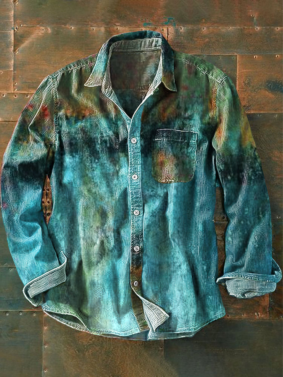 Unisex Vintage Gradient Denim Color Art Print Lapel Long Sleeve Pocket Shirt