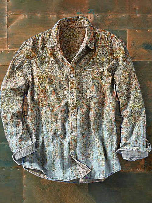 Unisex Vintage Gradient Color Ethnic Floral Art Print Lapel Long Sleeve Pocket Shirt