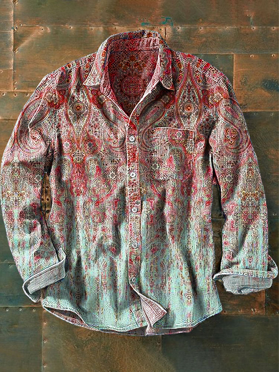 Unisex Vintage Gradient Color Ethnic Floral Art Print Lapel Long Sleeve Pocket Shirt