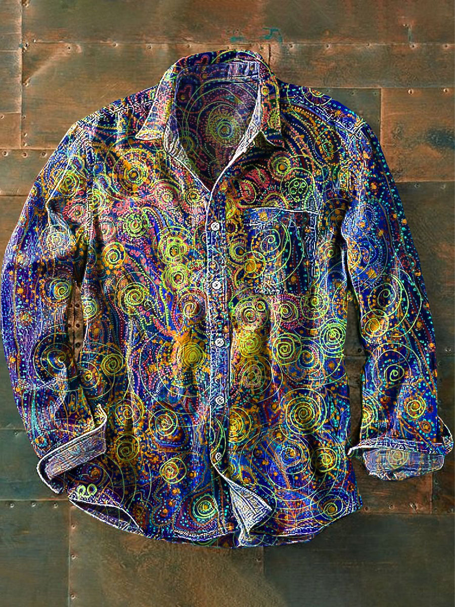Unisex Vintage Multicolor Abstract Line Art Printed Lapel Long Sleeve Pocket Shirt