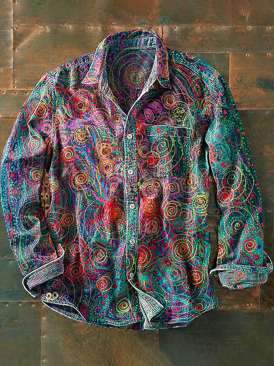 Unisex Vintage Multicolor Abstract Line Art Printed Lapel Long Sleeve Pocket Shirt