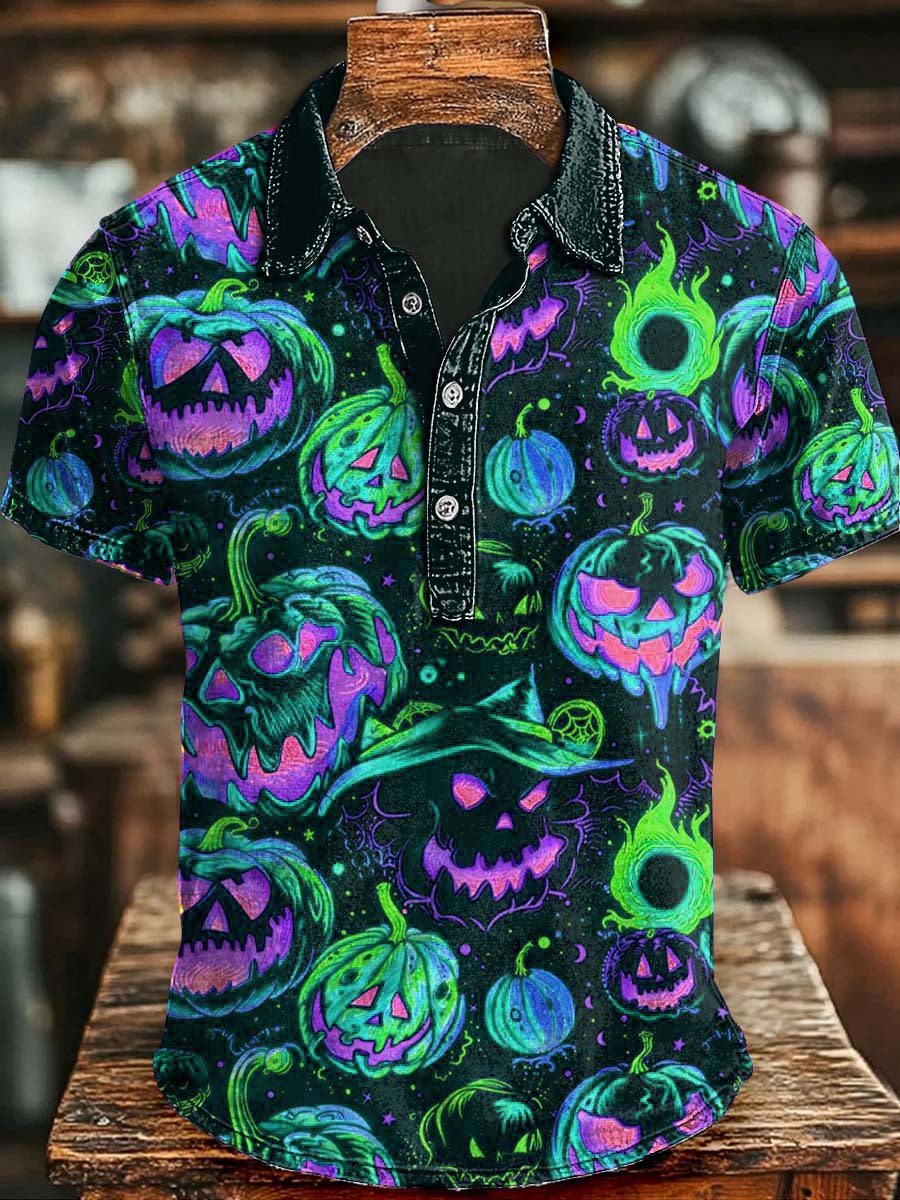 Halloween Evil Pumpkin Print Casual Short Sleeve Polo Shirt