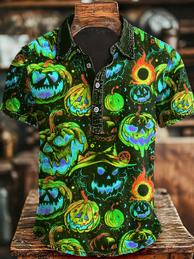 Halloween Evil Pumpkin Print Casual Short Sleeve Polo Shirt