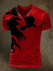 Halloween Raven Print Casual V-Neck Short Sleeve T-Shirt