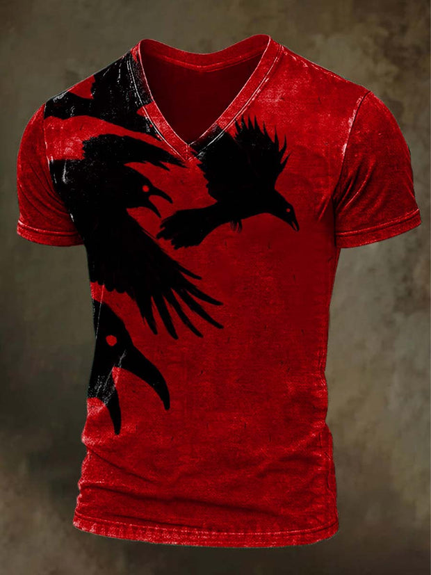 Halloween Raven Print Casual V-Neck Short Sleeve T-Shirt