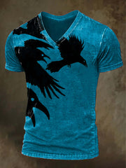 Halloween Raven Print Casual V-Neck Short Sleeve T-Shirt