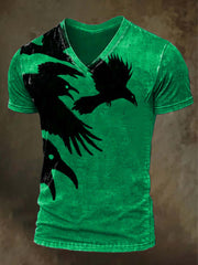 Halloween Raven Print Casual V-Neck Short Sleeve T-Shirt