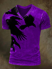 Halloween Raven Print Casual V-Neck Short Sleeve T-Shirt