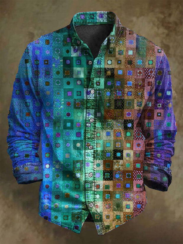 Colorful Abstract Plaid Print Casual Long Sleeve Shirt