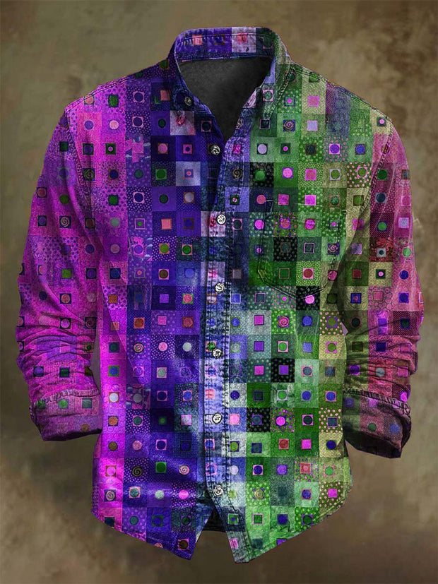 Colorful Abstract Plaid Print Casual Long Sleeve Shirt