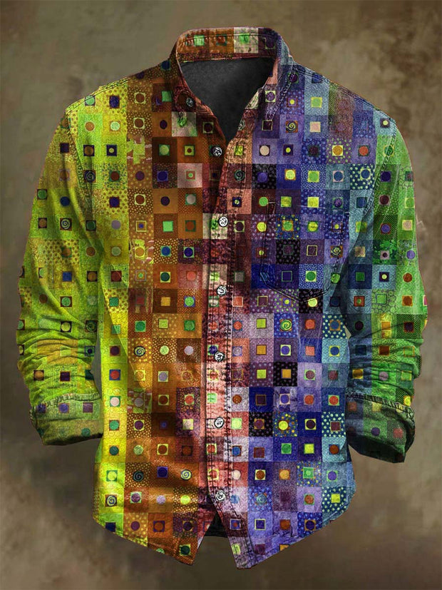 Colorful Abstract Plaid Print Casual Long Sleeve Shirt