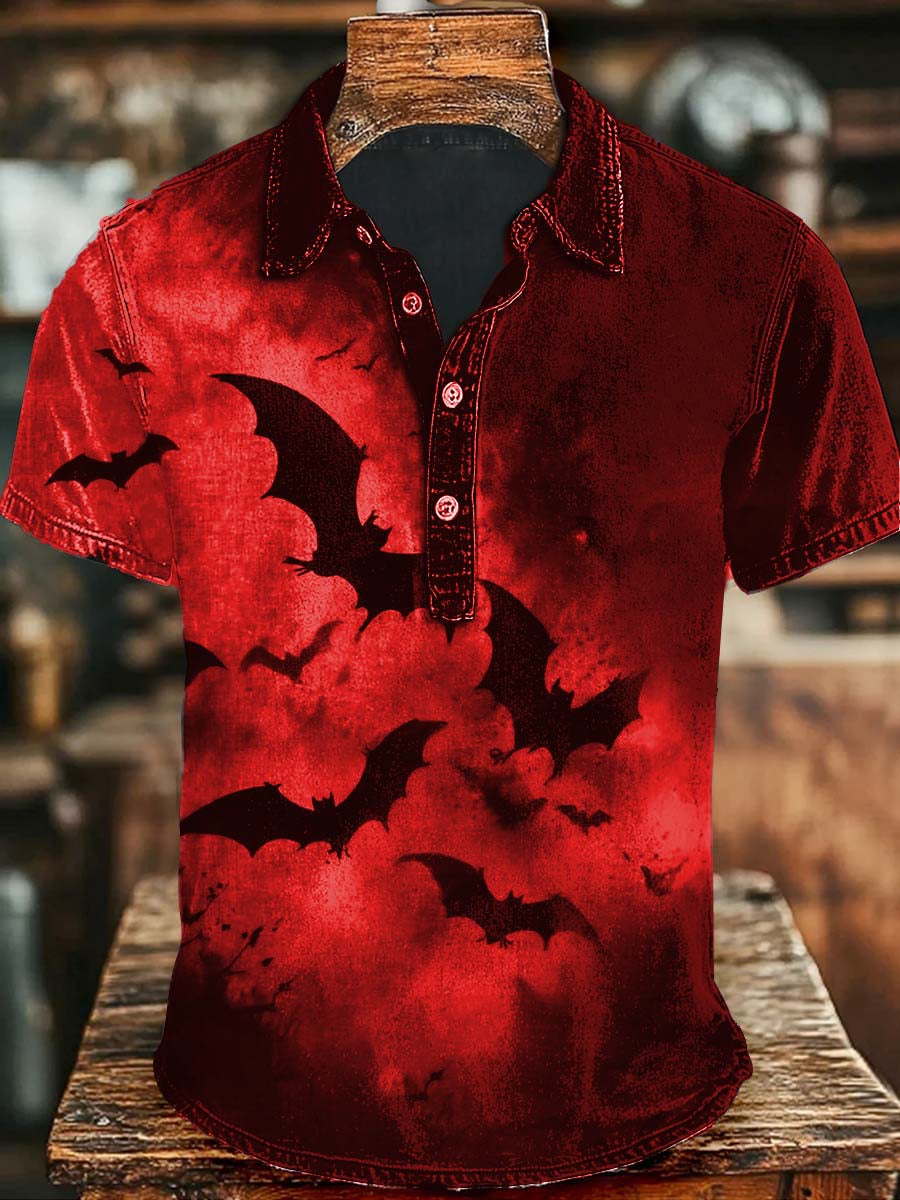 Halloween Dark Bat Print Casual Short Sleeve Polo Shirt