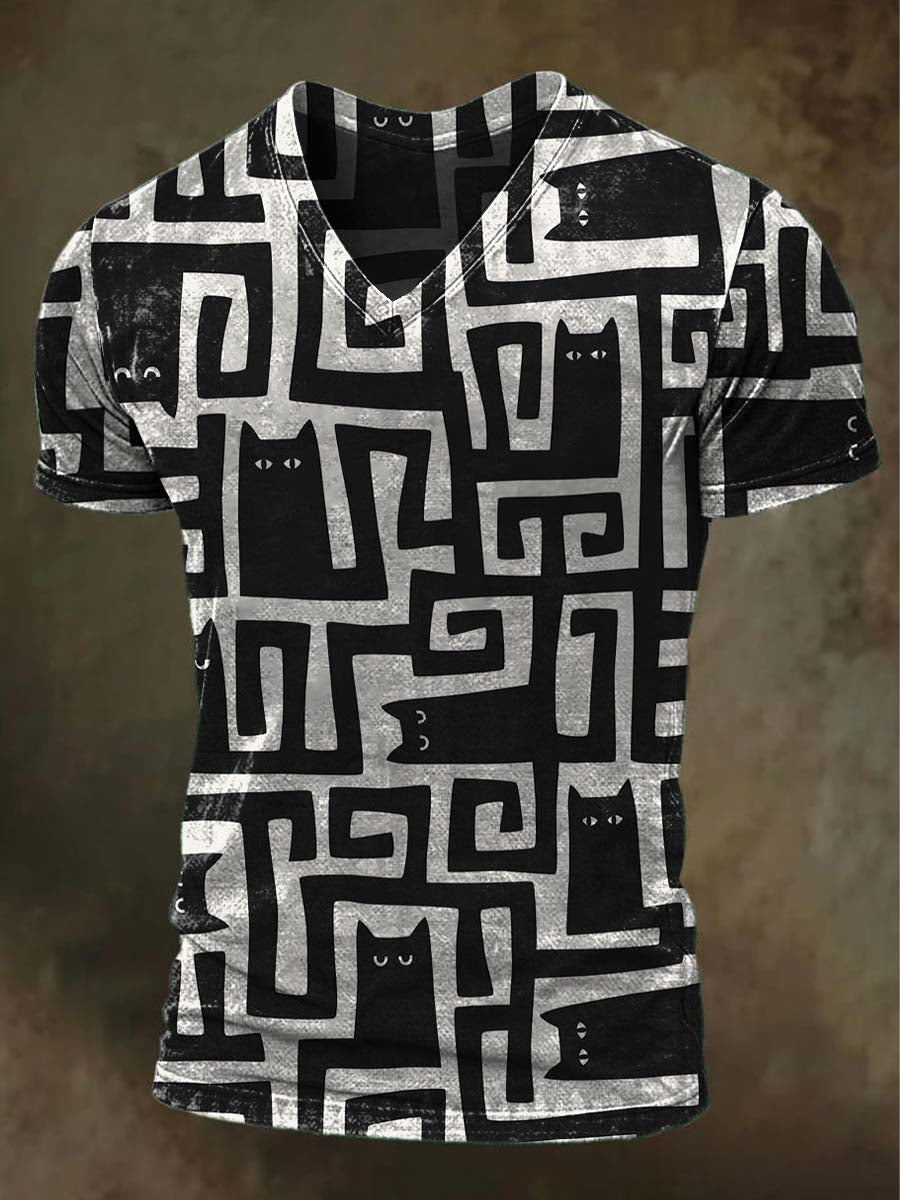 Black Cat Maze Print Casual Short-Sleeve T-Shirt