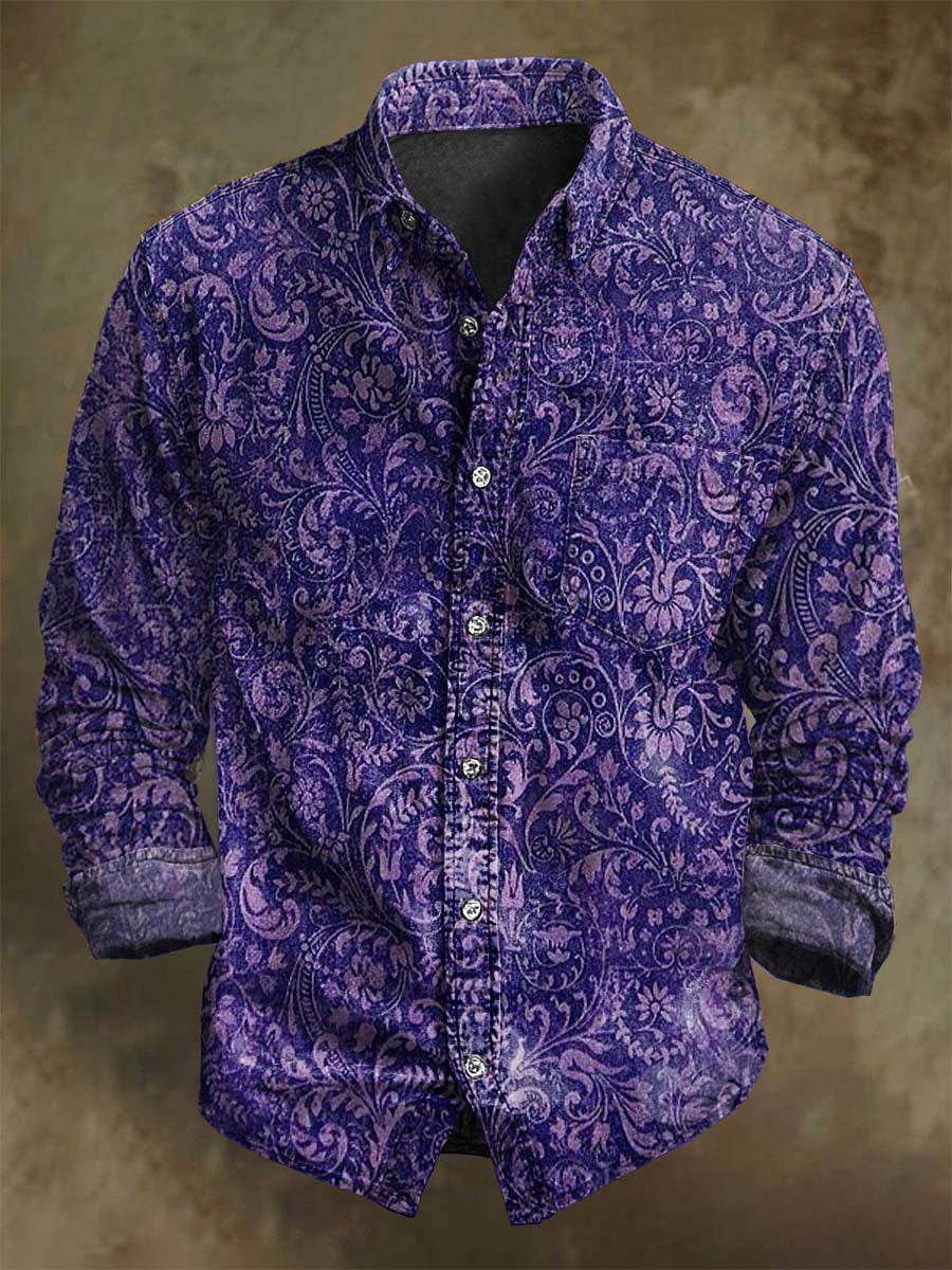 Vintage Floral Print Casual Long Sleeve Shirt