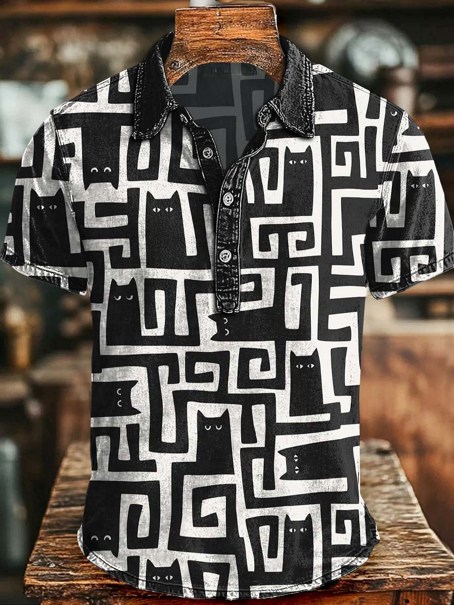 Black Cat Maze Print Casual Short-Sleeve T-Shirt
