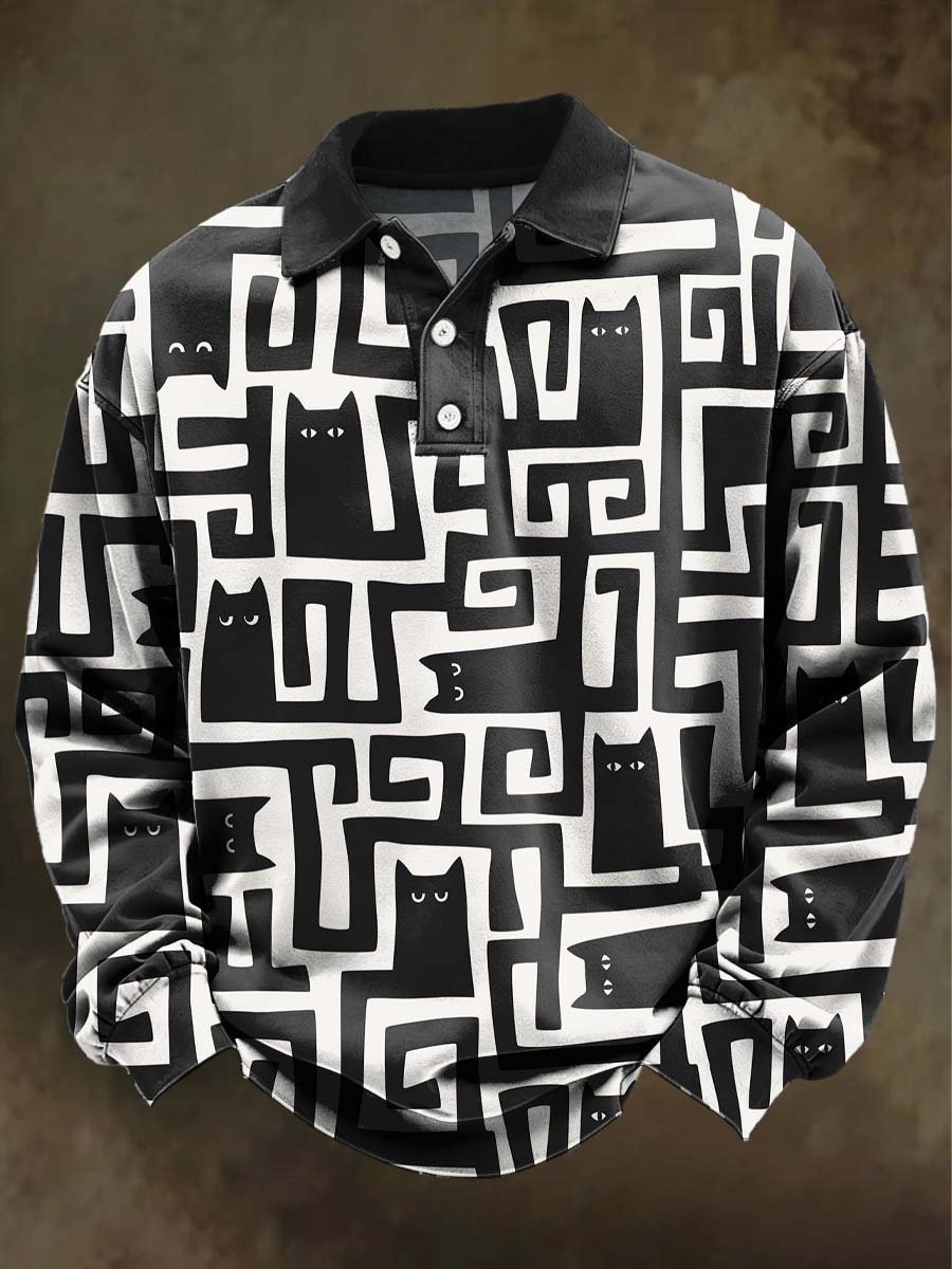 Black Cat Maze Print Casual Short-Sleeve T-Shirt