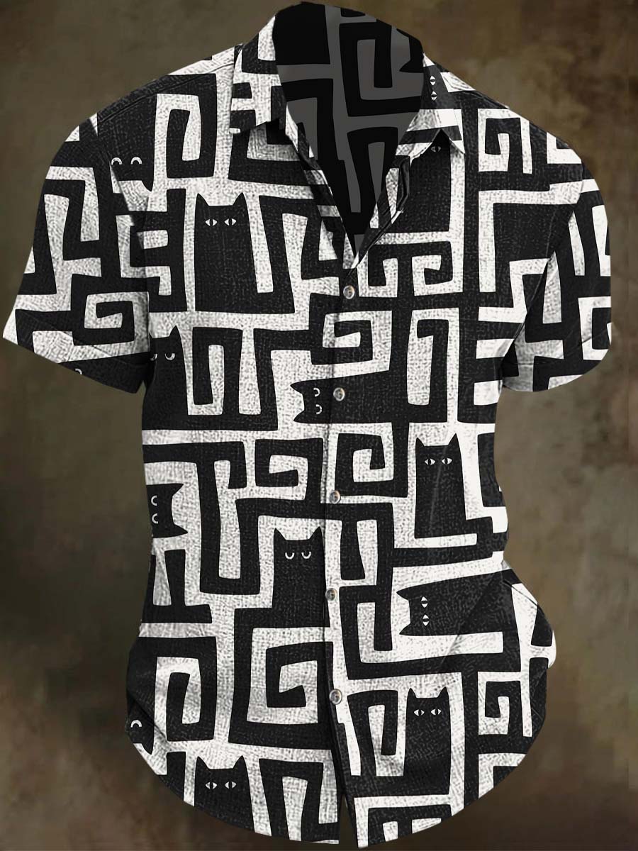 Black Cat Maze Print Casual Short-Sleeve T-Shirt