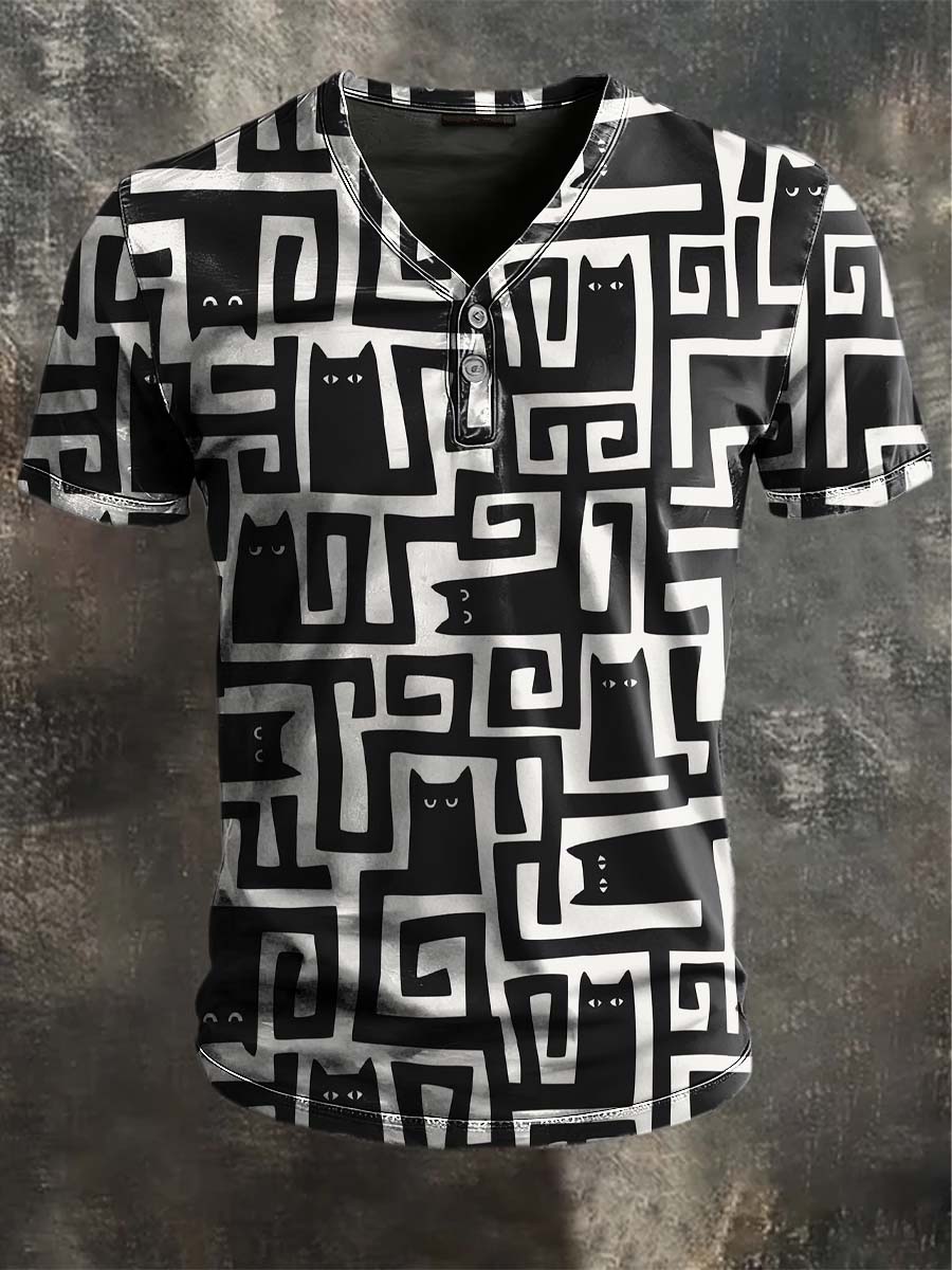 Black Cat Maze Print Casual Short-Sleeve T-Shirt