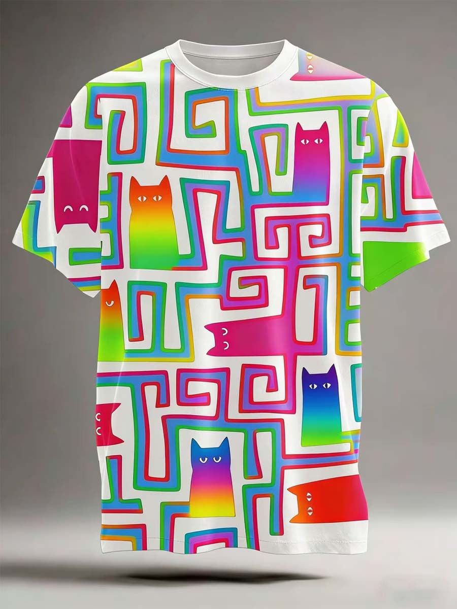 Black Cat Maze Print Casual Short-Sleeve T-Shirt