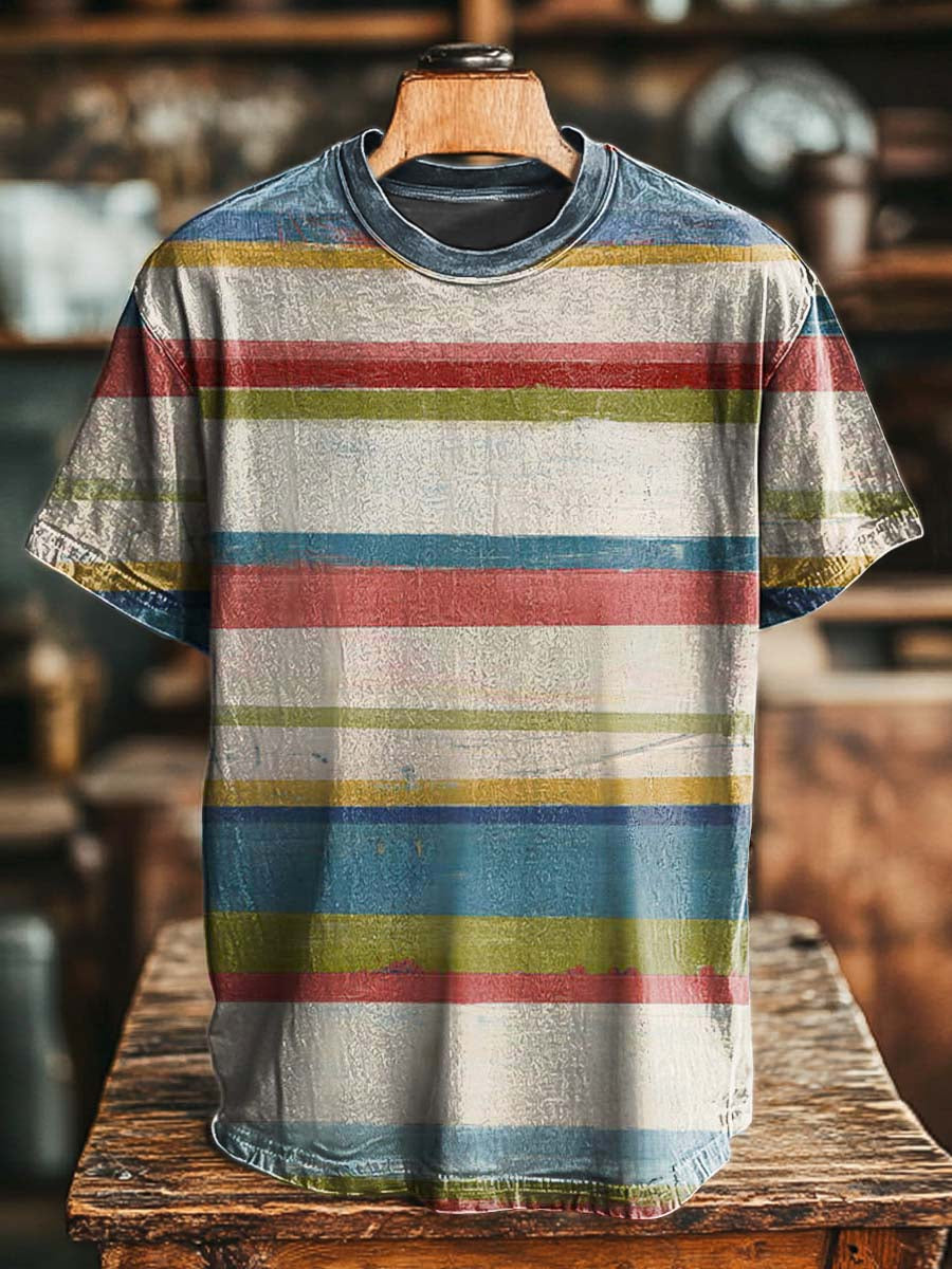 Retro Distressed Striped Print Casual Short-Sleeve T-Shirt