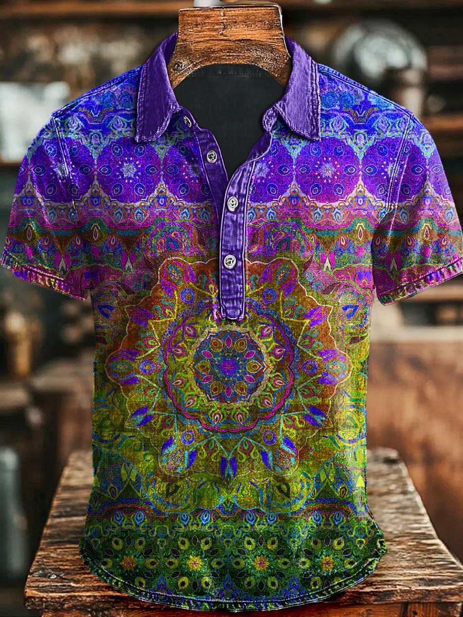 Vintage Art Abstract Colorful Floral Print Casual Polo Shirt