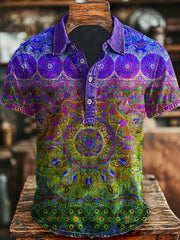Vintage Art Abstract Colorful Floral Print Casual Polo Shirt
