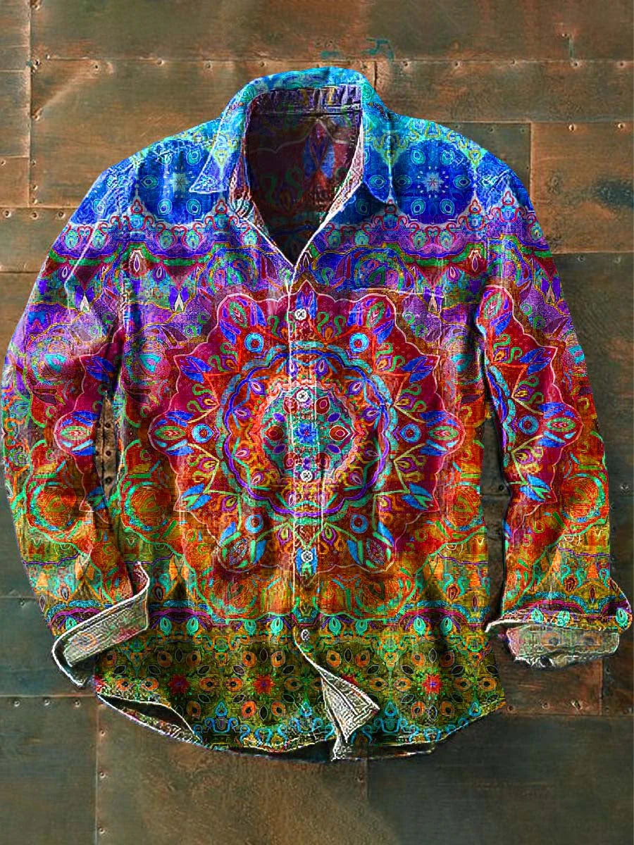 Men's Colorful Vintage Floral Print Casual Lapel Long Sleeve Shirt