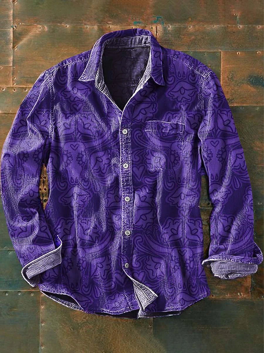 Men's Vintage Western Print Casual Lapel Long Sleeve Shirt