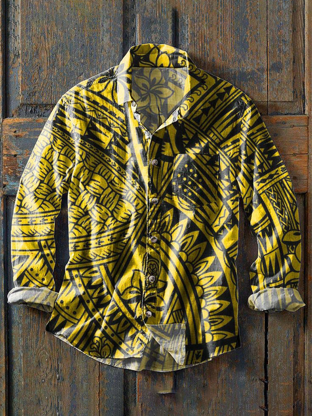 Men's Retro Ethnic Print Casual Lapel Long Sleeve Shirt