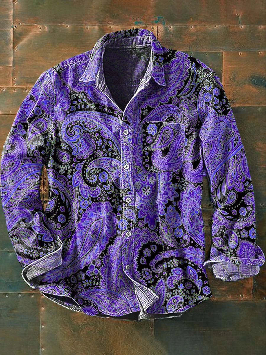 Men's Vintage Cashew Flower Print Casual Lapel Long Sleeve Shirt