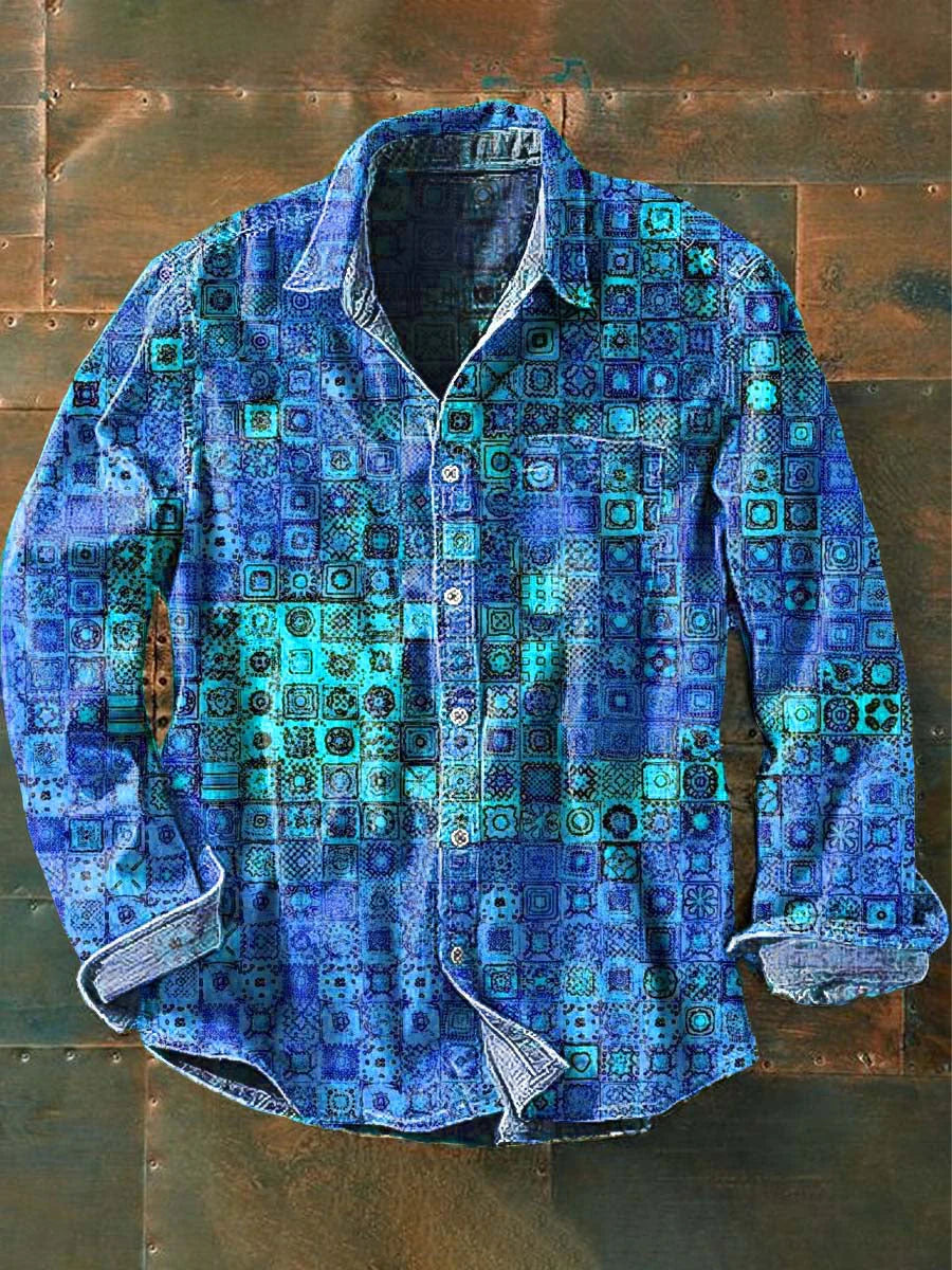 Men's Vintage Gradient Plaid Printed Casual Lapel Long Sleeve Shirt
