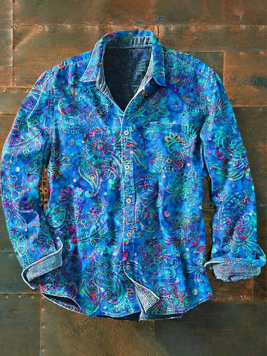 Men's Vintage Western Print Casual Long Sleeve Shirt