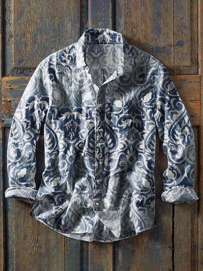 Men's Western Print Casual Lapel Long Sleeve Shirt