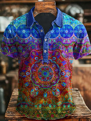 Vintage Art Abstract Colorful Floral Print Casual Polo Shirt