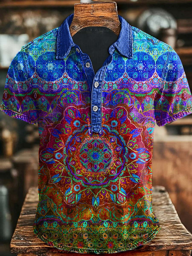 Vintage Art Abstract Colorful Floral Print Casual Polo Shirt