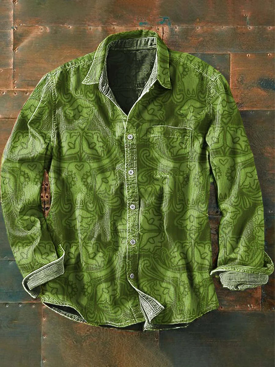 Men's Vintage Western Print Casual Lapel Long Sleeve Shirt