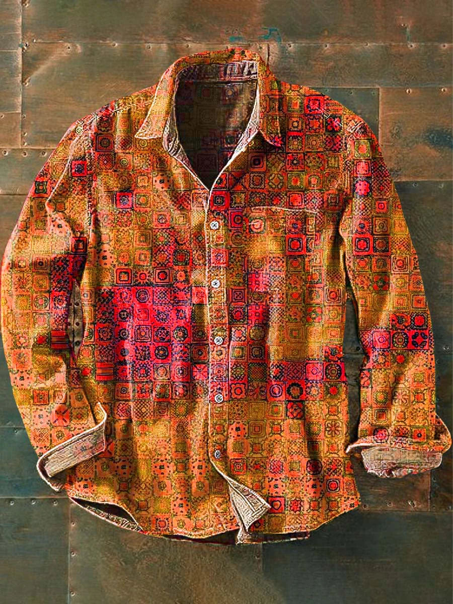 Men's Vintage Gradient Plaid Printed Casual Lapel Long Sleeve Shirt