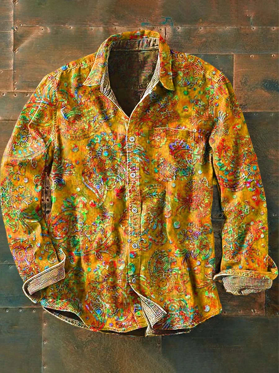 Men's Vintage Western Print Casual Long Sleeve Shirt
