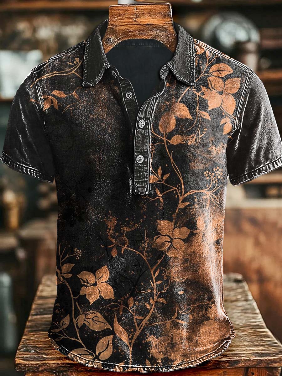 Vintage Gradient Floral Print Casual Long Sleeve Shirt