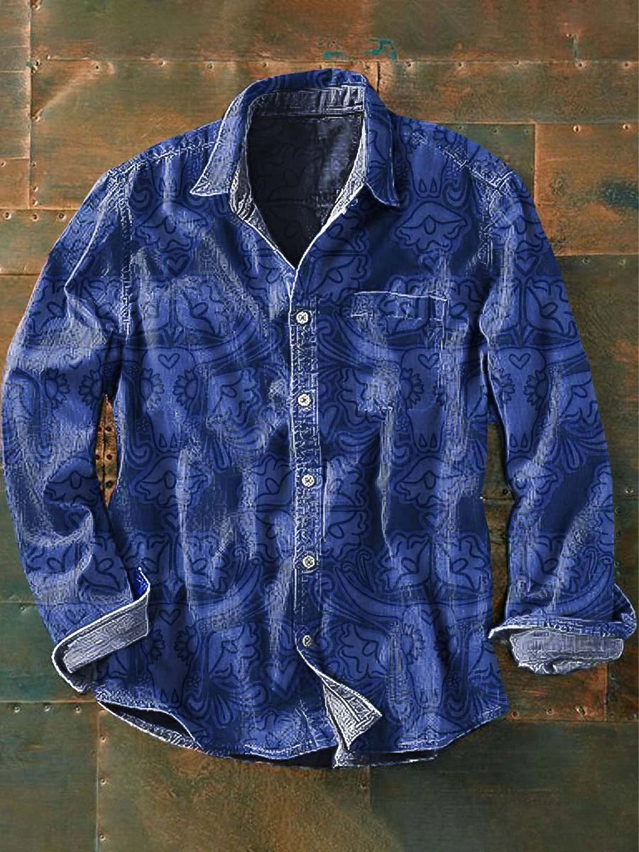 Men's Vintage Western Print Casual Lapel Long Sleeve Shirt
